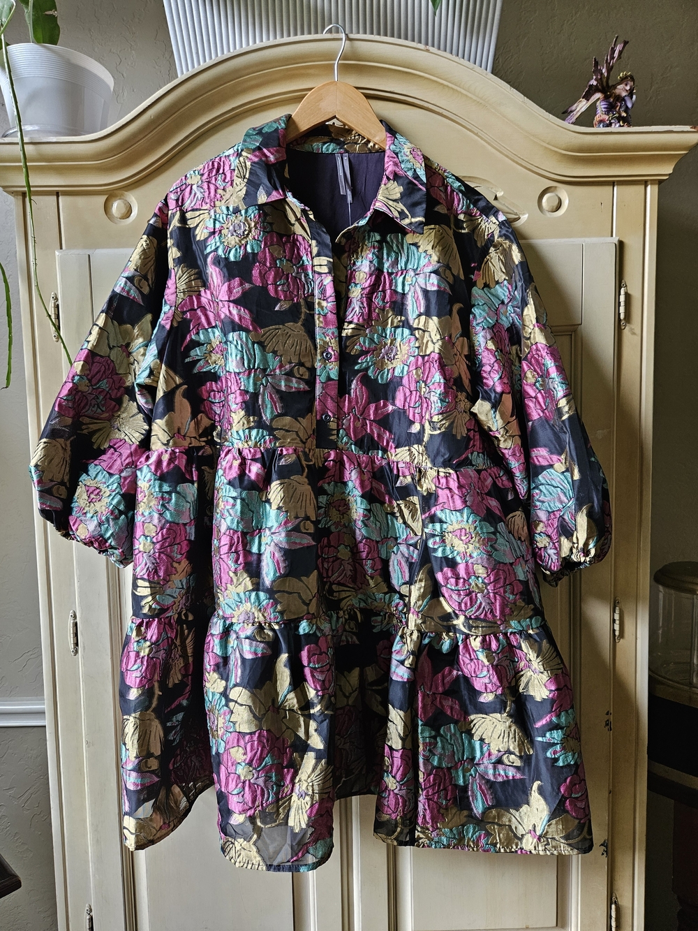 Anthropologie Floral Tiered Midi Dress in Black, Pink, Teal & Gold